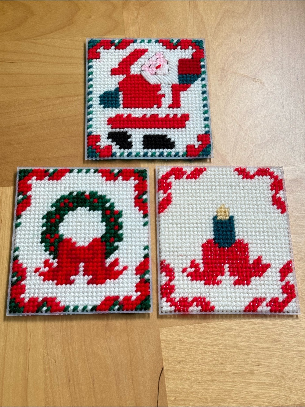 Set of 3 Vintage Christmas Icon Cross Stitch Needlepoint Art Decor Wreath Santa